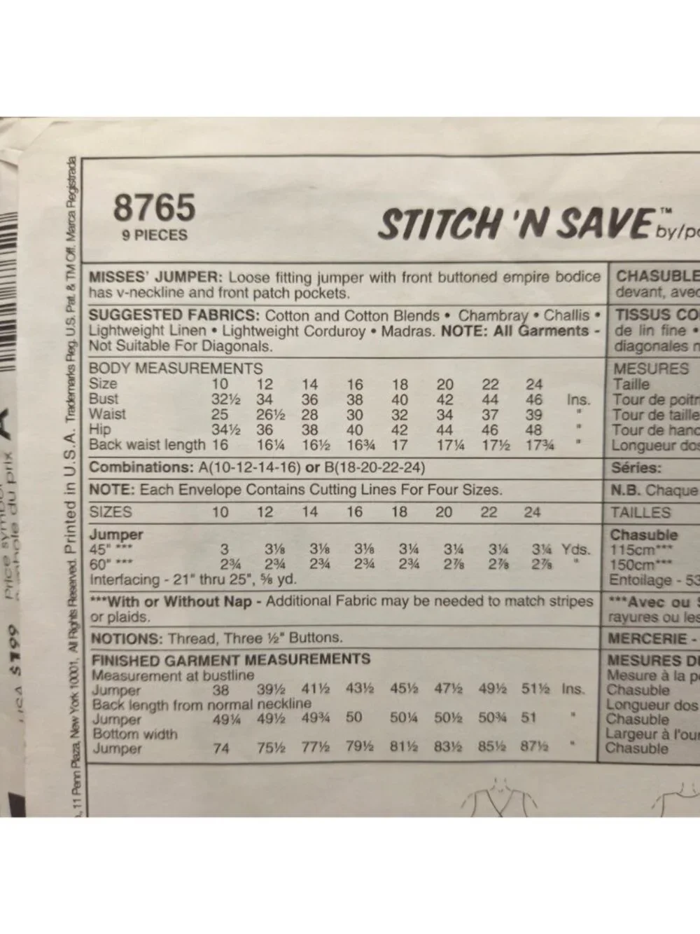 Easy Stitch N Save McCalls 8765 Sewing Pattern Misses Jumper Size 18-24 Uncut